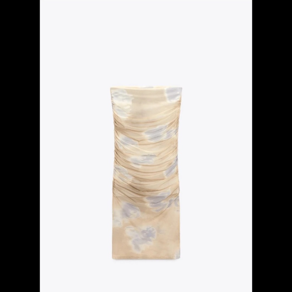 Elegant Beige and Gray Ruched Dress